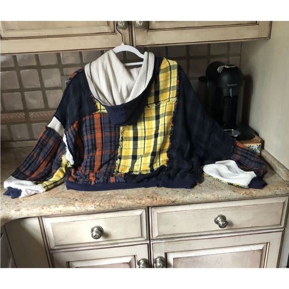 Free People Patch And Reverse Hoodie Pieced Plaid Patchwork Blue Rust Yellow Ivo - Picture 6 of 7